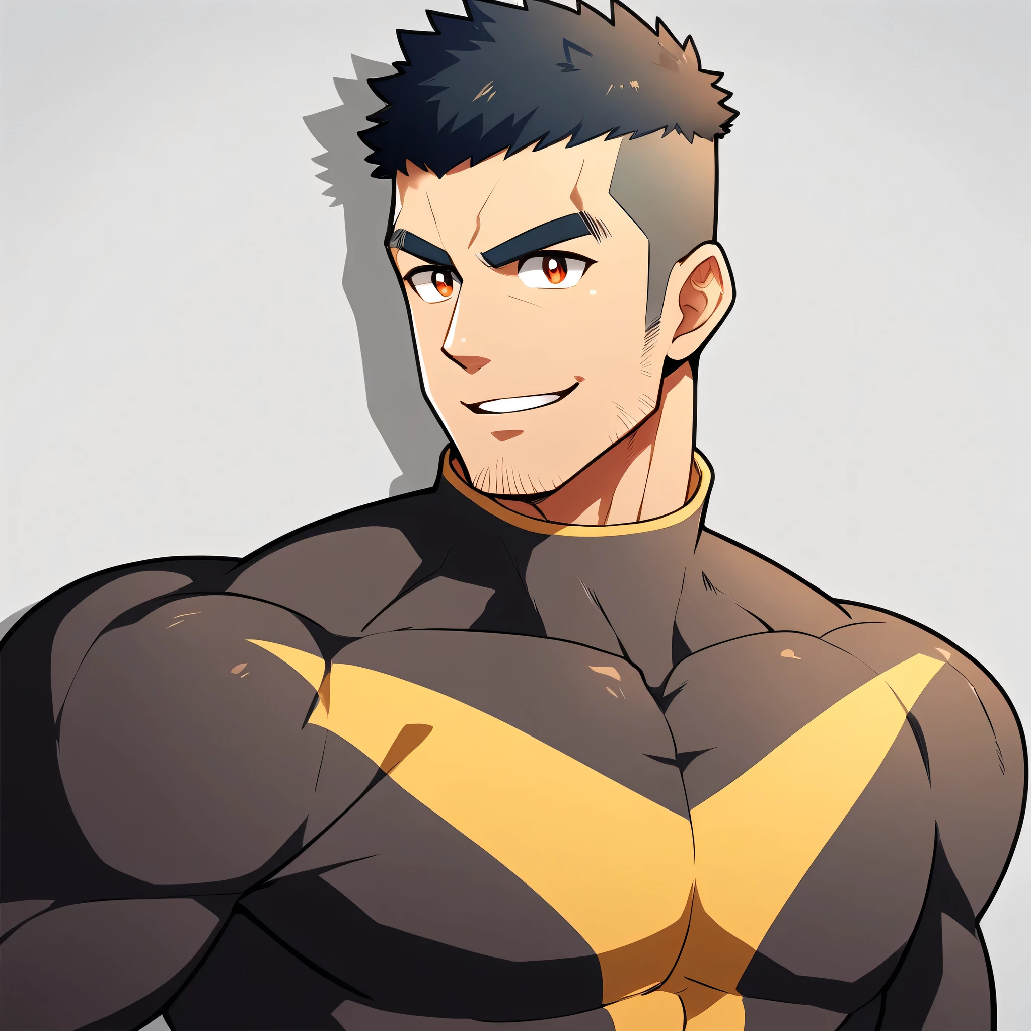 anime characters:Gyee, Muscle Sports Student, Manliness, male focus, Cute boy with big eyes, Brown high collar long sleeve tight T-shirt, Slightly transparent material, Very tight, Round, full and perky chest muscles, Slightly transparent, muscular male, muscular, only, Upper body, alone, Black short hair, Thick eyebrows, stubble, Cute little eyes, Brown-red pupils, Grey background, simple background, amazing quality, best aesthetics, Ridiculous, crew cut, parted lips, seductive smile, torogao, naughty face, drop shadow, best quality