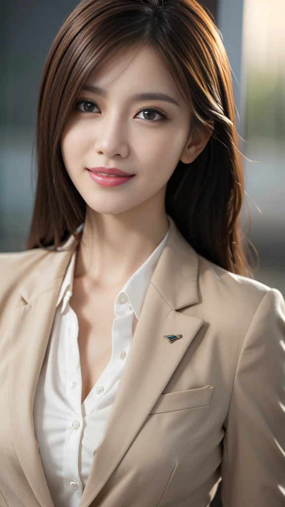 table top, highest quality, realistic, super detailed, finely, High resolution, 8k wallpaper, 1 beautiful woman,, light brown messy hair, wearing a business suit, sharp focus, perfect dynamic composition, beautiful and fine eyes, fine hair, Detailed realistic skin texture, smile, close-up portrait, model body shape