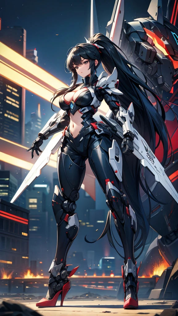 A huge mecha girl with long black hair and ponytail，Chest，cleavage，Full body black armor，helmet，slim figure，robot，mechanical joint，Thruster，high heels，front，Sci-fi city