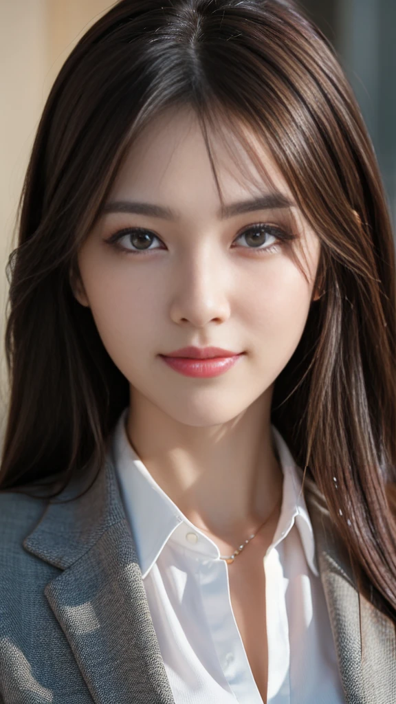 table top, highest quality, realistic, super detailed, finely, High resolution, 8k wallpaper, 1 beautiful woman,, light brown messy hair, wearing a business suit, sharp focus, perfect dynamic composition, beautiful and fine eyes, fine hair, Detailed realistic skin texture, smile, close-up portrait, model body shape