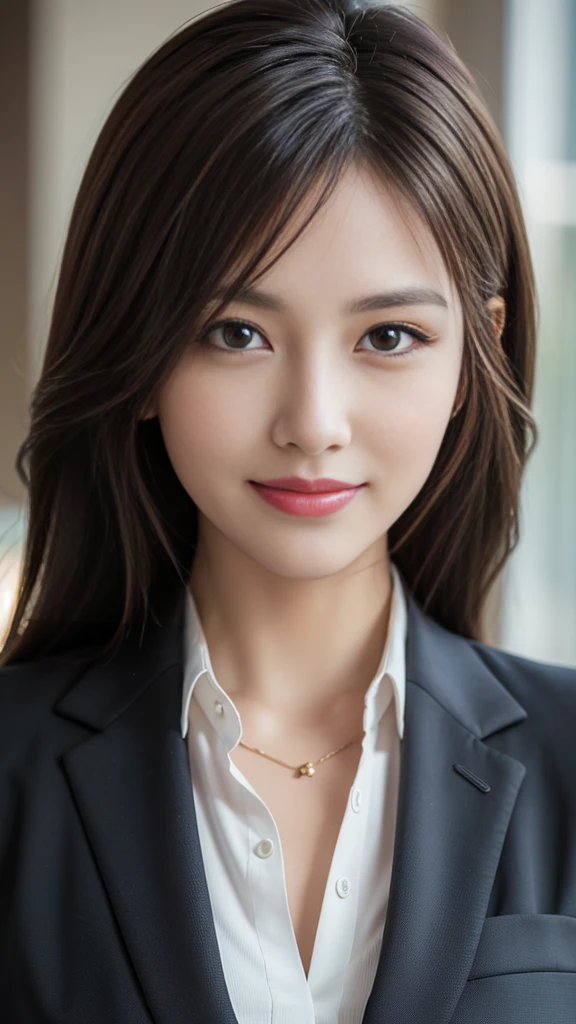 table top, highest quality, realistic, super detailed, finely, High resolution, 8k wallpaper, 1 beautiful woman,, light brown messy hair, wearing a business suit, sharp focus, perfect dynamic composition, beautiful and fine eyes, fine hair, Detailed realistic skin texture, smile, close-up portrait, model body shape