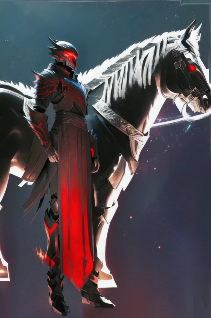 there is a drawing of a man standing next to a horse, draconic looking armor, black fire color reflected armor, space armor, black and reddish color armor, flowing robes and leather armor, silver armor and red clothing, face hidden by helmet armor