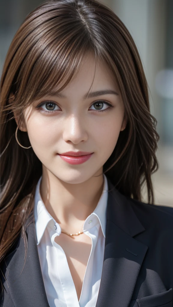 table top, highest quality, realistic, super detailed, finely, High resolution, 8k wallpaper, 1 beautiful woman,, light brown messy hair, wearing a business suit, sharp focus, perfect dynamic composition, beautiful and fine eyes, fine hair, Detailed realistic skin texture, smile, close-up portrait, model body shape