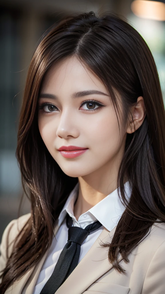 table top, highest quality, realistic, super detailed, finely, High resolution, 8k wallpaper, 1 beautiful woman,, light brown messy hair, wearing a business suit, sharp focus, perfect dynamic composition, beautiful and fine eyes, fine hair, Detailed realistic skin texture, smile, close-up portrait, model body shape