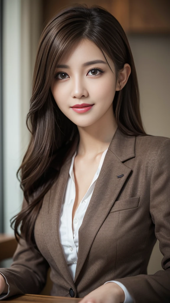 table top, highest quality, realistic, super detailed, finely, High resolution, 8k wallpaper, 1 beautiful woman,, light brown messy hair, wearing a business suit, sharp focus, perfect dynamic composition, beautiful and fine eyes, fine hair, Detailed realistic skin texture, smile, close-up portrait, model body shape