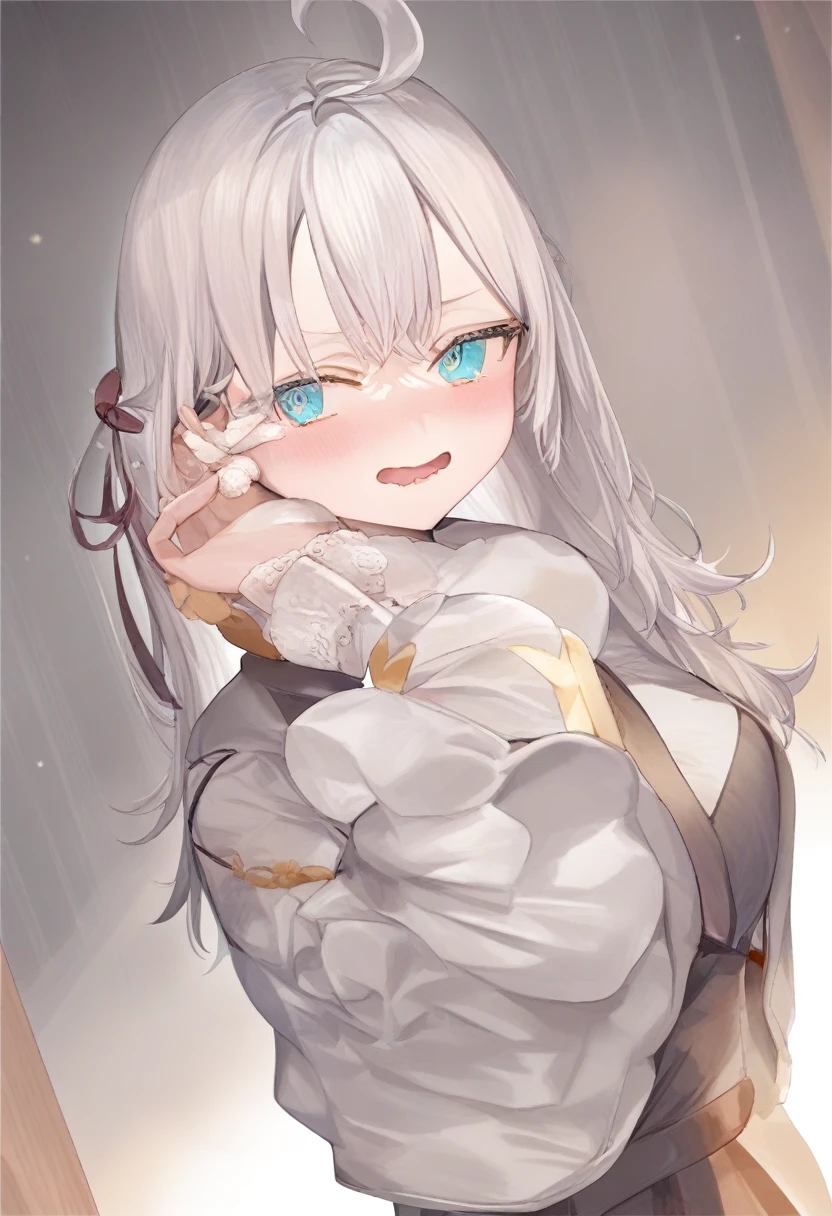 One girl,  Alisa Mikhailovna Kujo,Tomorrow, my friend, Arya-san, will be visiting Russia.,alone, Long Hair, Eyebrows visible through hair, Hair between the eyes, Silver Hair, Hair Ribbon, blue eyes, Medium chest, ,Long sleeve, Jacket,
View your viewers, Upper Body, Dutch Angle,Mouth closed, Close one eye, A light smile,
Highest quality, so beautiful, Absurd,