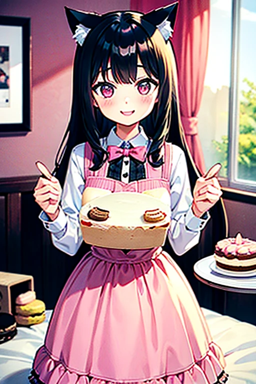 One girl,Black Hair,Cat ear,Long skirt,pink_eye,My Room,A very happy smile,Very happy and adorable expression,cake,Macaroons,donut,cookie,cute,sweet,fluffy,Pinch,eat