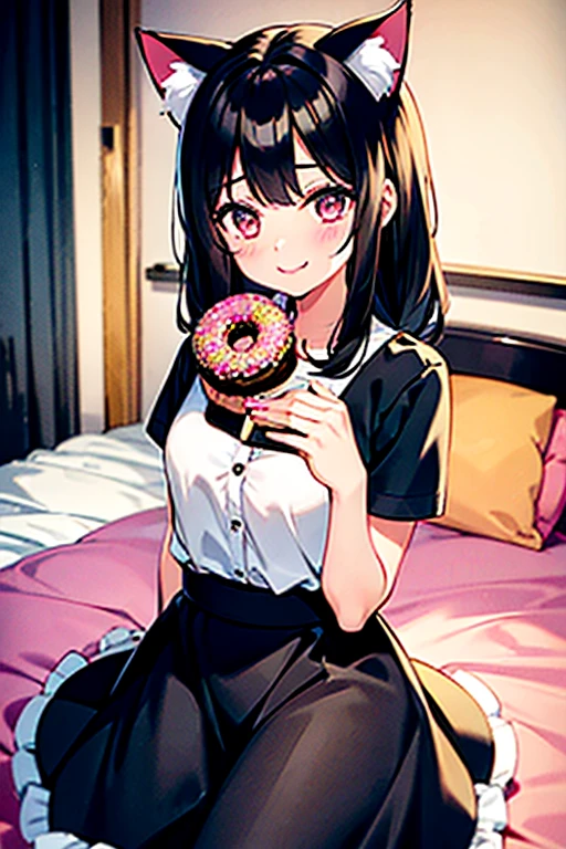 One girl,Black Hair,Cat ear,Long skirt,pink_eye,My Room,A very happy smile,Very happy and adorable expression,cake,Macaroons,donut,cookie,cute,sweet,fluffy,Pinch,eat