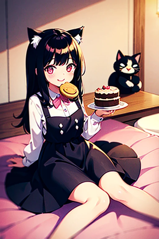 One girl,Black Hair,Cat ear,Long skirt,pink_eye,My Room,A very happy smile,Very happy and adorable expression,cake,Macaroons,donut,cookie,cute,sweet,fluffy,Pinch,eat