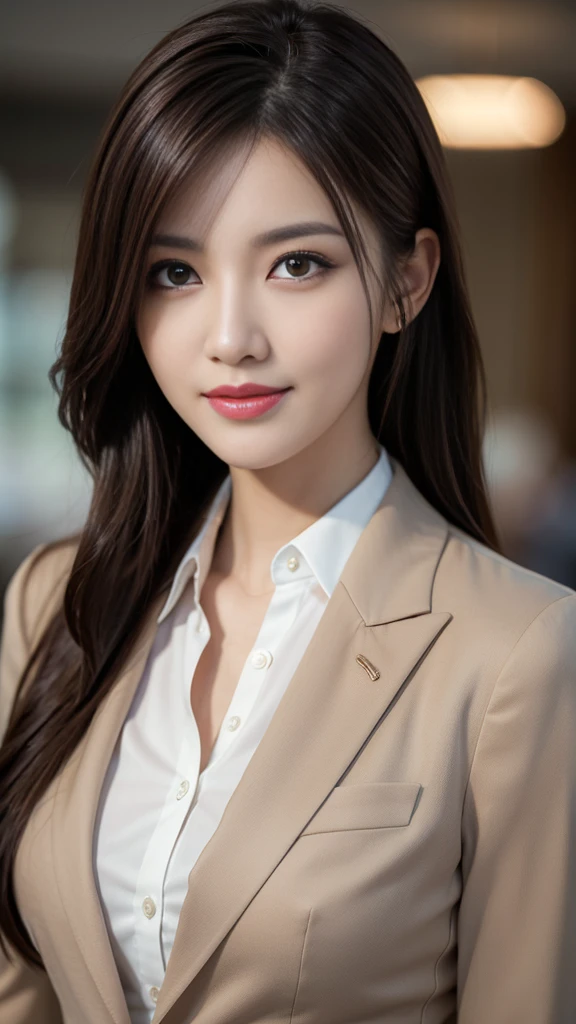 table top, highest quality, realistic, super detailed, finely, High resolution, 8k wallpaper, 1 beautiful woman,, light brown messy hair, wearing a business suit, sharp focus, perfect dynamic composition, beautiful and fine eyes, fine hair, Detailed realistic skin texture, smile, close-up portrait, model body shape
