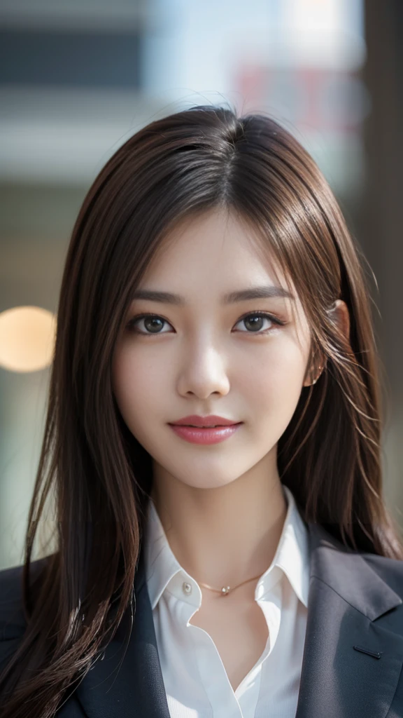 table top, highest quality, realistic, super detailed, finely, High resolution, 8k wallpaper, 1 beautiful woman,, light brown messy hair, wearing a business suit, sharp focus, perfect dynamic composition, beautiful and fine eyes, fine hair, Detailed realistic skin texture, smile, close-up portrait, model body shape