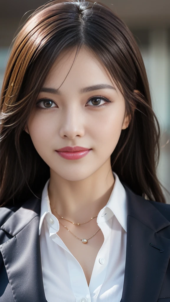 table top, highest quality, realistic, super detailed, finely, High resolution, 8k wallpaper, 1 beautiful woman,, light brown messy hair, wearing a business suit, sharp focus, perfect dynamic composition, beautiful and fine eyes, fine hair, Detailed realistic skin texture, smile, close-up portrait, model body shape