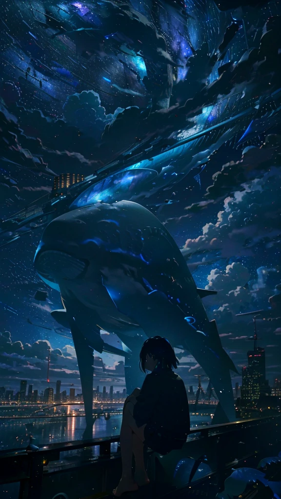 masterpiece, Exquisite detail,Highest quality, One girl, alone, handrail, cloud, Looking up at the buildings,Long Hair, NULL, Long sleeve, Power lines, White footwear, Black Hair, View your viewers, Electric pole, bangs, cloudy NULL, fish, bird, Green Eyes, Shorts, Day, Black Shirt, barefoot,Whale flying in the sky,Giant whale,night,star,milky way,night,Pitch black,Buildings,Sitting