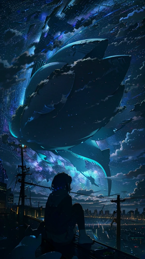 masterpiece, Exquisite detail,Highest quality, One girl, alone, handrail, cloud, Looking up at the buildings,Long Hair, NULL, Long sleeve, Power lines, White footwear, Black Hair, View your viewers, Electric pole, bangs, cloudy NULL, fish, bird, Green Eyes, Shorts, Day, Black Shirt, barefoot,Whale flying in the sky,Giant whale,night,star,milky way,night,Pitch black,Buildings,Sitting