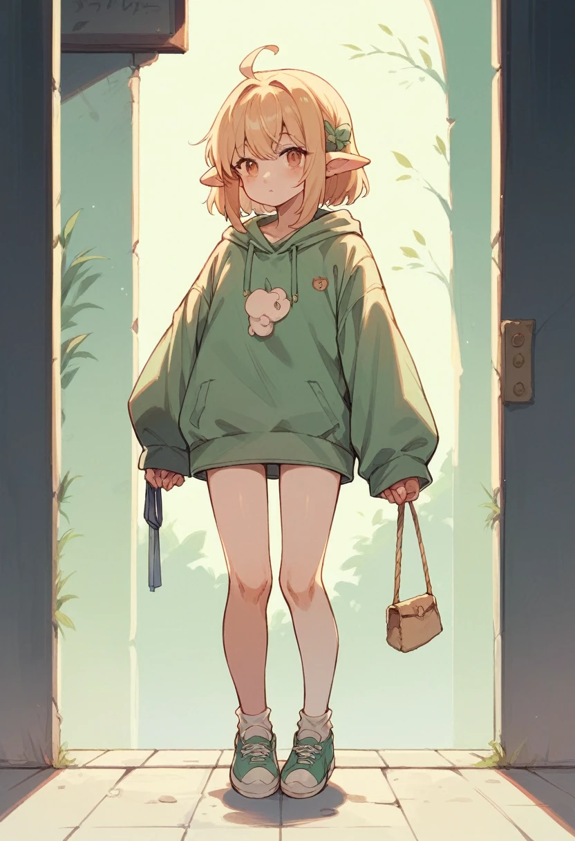 Anime girl with pudding ears stands at full height completely without underwear or clothes
