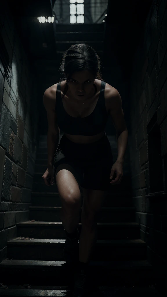 a desperate person running up a dark, steep staircase, panicked expression, cinematic lighting, dramatic shadows, moody atmosphere, chiaroscuro, unreal engine, 8k, high quality, photorealistic, dramatic lighting, dark and moody, intense emotion