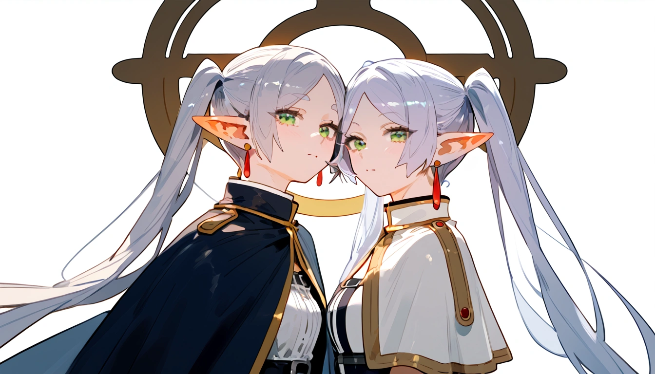 anime artwork, score_9, score_8_up, score_7_up, score_6_up, score_5_up, score_4_up,frieren, 1girl, green eyes, grey hair, twintails, pointy ears, eyebrows, earrings \\\\\\ floox style \\\\\ ,capelet, panorama