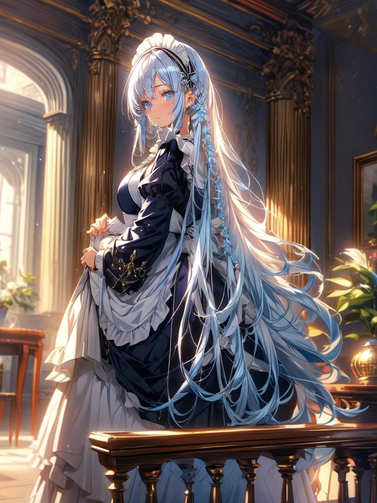 a beautiful girl with long white hair,piercing blue eyes,detailed face,detailed eyes,maid outfit,maid dress,detailed maid headpiece,detailed maid apron,detailed maid stockings,detailed maid shoes, mansion in background, full body view, extremely detailed,8k,highly detailed,masterpiece,