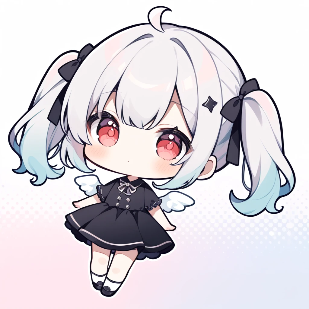 pastel colors, chibi, (little angel:1.5), 1girl, red eye, twin tails, silver hair, ahoge, black ribbon, black dress