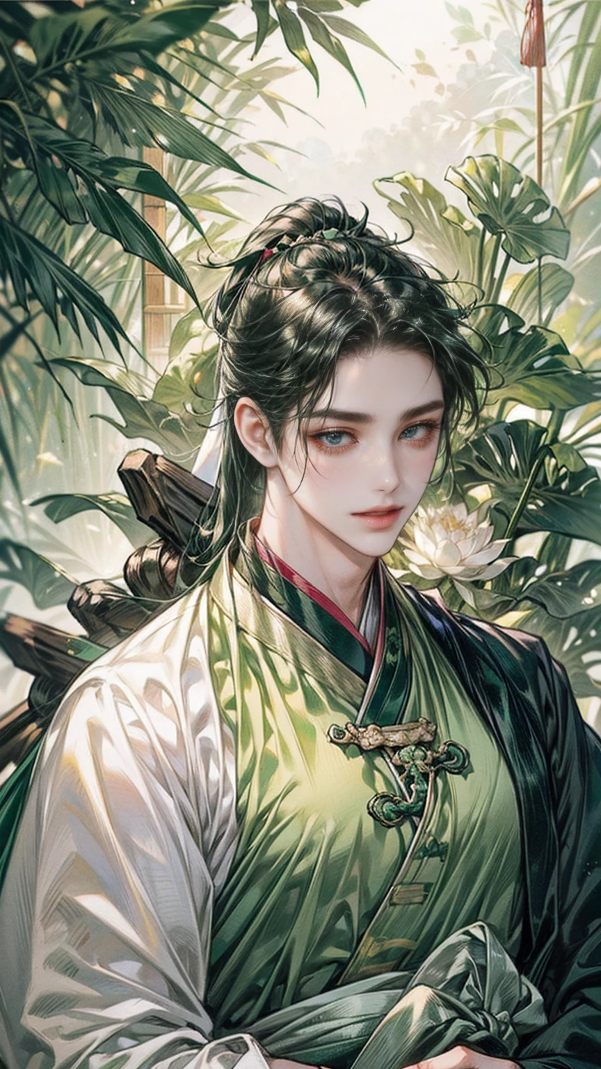 xianxia, (((best quality))),masterpiece,ultra high resolution,extraordinarily beautiful youth, a bright, villains smile,All green clothing,((boy 24 year old, green hanfu,green clothing, Chinese shirt style)) ,boy character ,((Thick black long hair)),beautiful face,detailed interior, detailed boy,((man)),(in bamboo forest), house China style, pure white lotus,beautiful and cute boy ,black eyes,((solo man)),(he has a Big eyes, charming lips, slim nose and small face),(slim figures ),ponytail and 冠, Hiogi fan,Japanese fan ,very long hair, thick hair, black hair ,eyes detailed,pony tails,