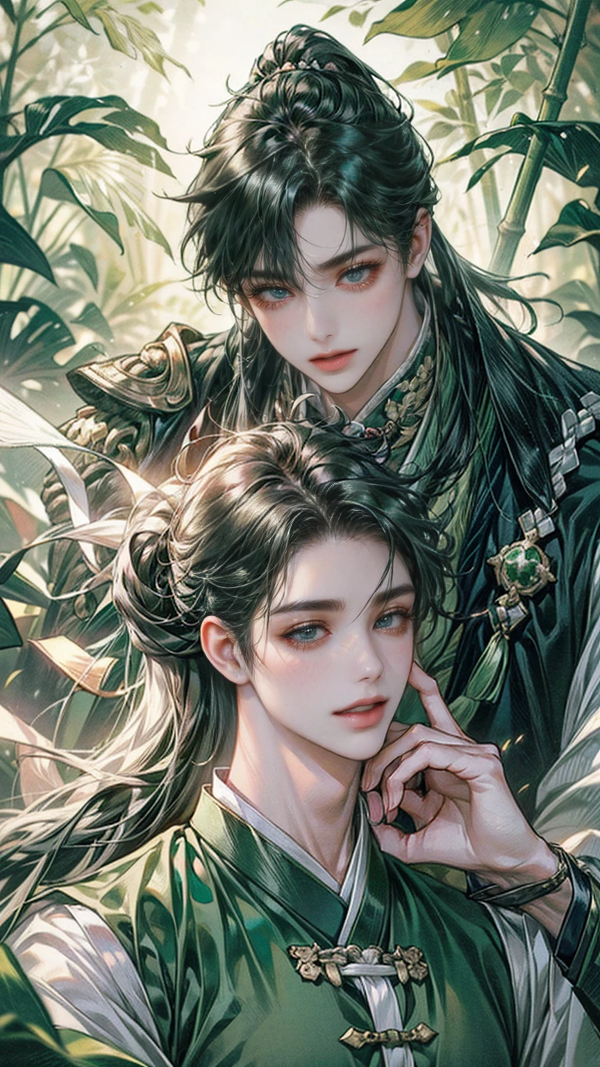 xianxia, (((best quality))),masterpiece,ultra high resolution,extraordinarily beautiful youth, a bright, villains smile,All green clothing,((boy 24 year old, green hanfu,green clothing, Chinese shirt style)) ,boy character ,((Thick black long hair)),beautiful face,detailed interior, detailed boy,((man)),(in bamboo forest), house China style, pure white lotus,beautiful and cute boy ,black eyes,((solo man)),(he has a Big eyes, charming lips, slim nose and small face),(slim figures ),ponytail and 冠, Hiogi fan,Japanese fan ,very long hair, thick hair, black hair ,eyes detailed,pony tails,