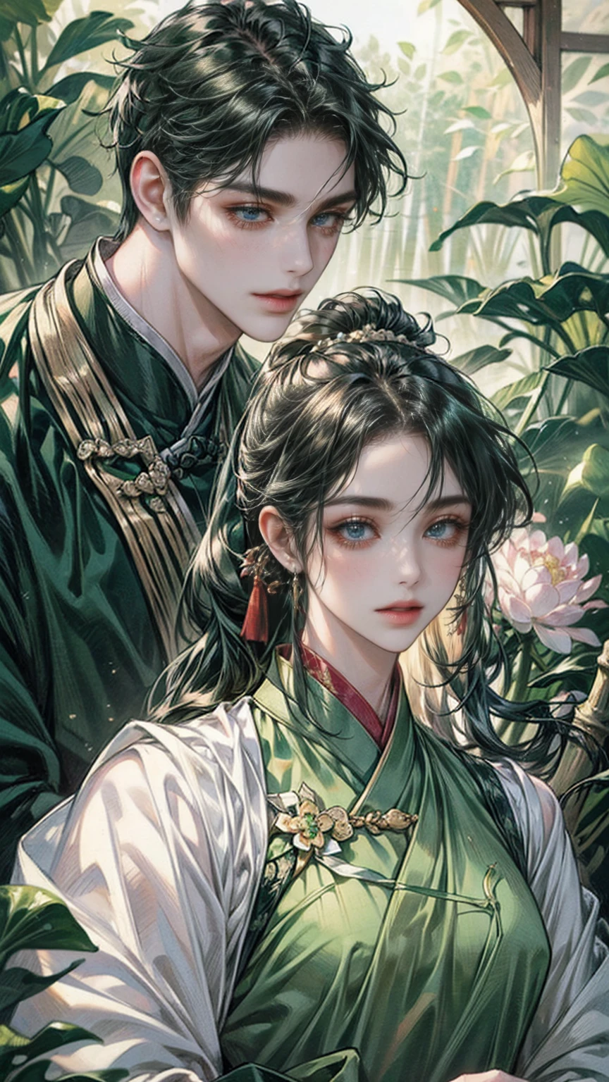 xianxia, (((best quality))),masterpiece,ultra high resolution,extraordinarily beautiful youth, a bright, villains smile,All green clothing,((boy 24 year old, green hanfu,green clothing, Chinese shirt style)) ,boy character ,((Thick black long hair)),beautiful face,detailed interior, detailed boy,((man)),(in bamboo forest), house China style, pure white lotus,beautiful and cute boy ,black eyes,((solo man)),(he has a Big eyes, charming lips, slim nose and small face),(slim figures ),ponytail and 冠, Hiogi fan,Japanese fan ,very long hair, thick hair, black hair ,eyes detailed,pony tails,