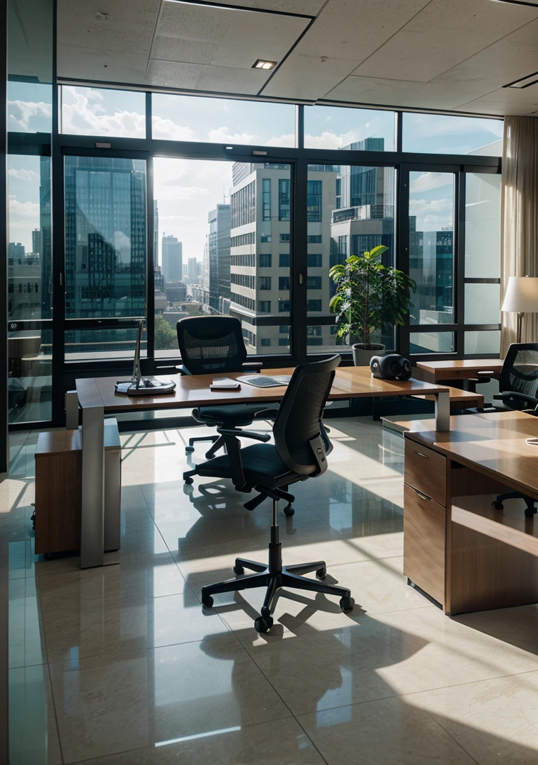 office, The office of the future, futuristic design, large desk, wall with paintings and diplomas, Glossy floor, hlLarge spacious windows, outside the window you can see a futuristic city with multi-story office buildings, starships fly, 16 thousand. ue5. Ultra slim, 8 k, HDR, product photography, depth of field, Nikon D850, Ultra realistic, no contrast, pure sharp focus, professional, There is no blur, Bright office, Light shades, view from the floor, even more modern, office from the future, luxurious executive office