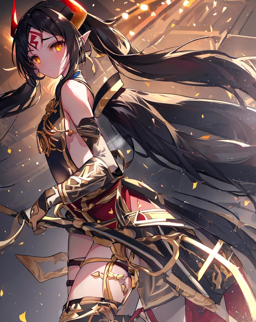 e7 ARavi, yellow eyes, red mark in forehead, black hair,  (low twintails coming from under the ears) with yellow ribbons, small breasts,  black small bull horns,  (long red chinese tabard), black sorts, nothing under the tabard, naked under tabard,
(masterpiece),  best quality, highres, 4k, 8k, Detailed Illustration, intricate detail, cinematic lighting, amazing quality, 1girl, fit female, amazing shading, soft lighting, facing camera, perfect eyes,