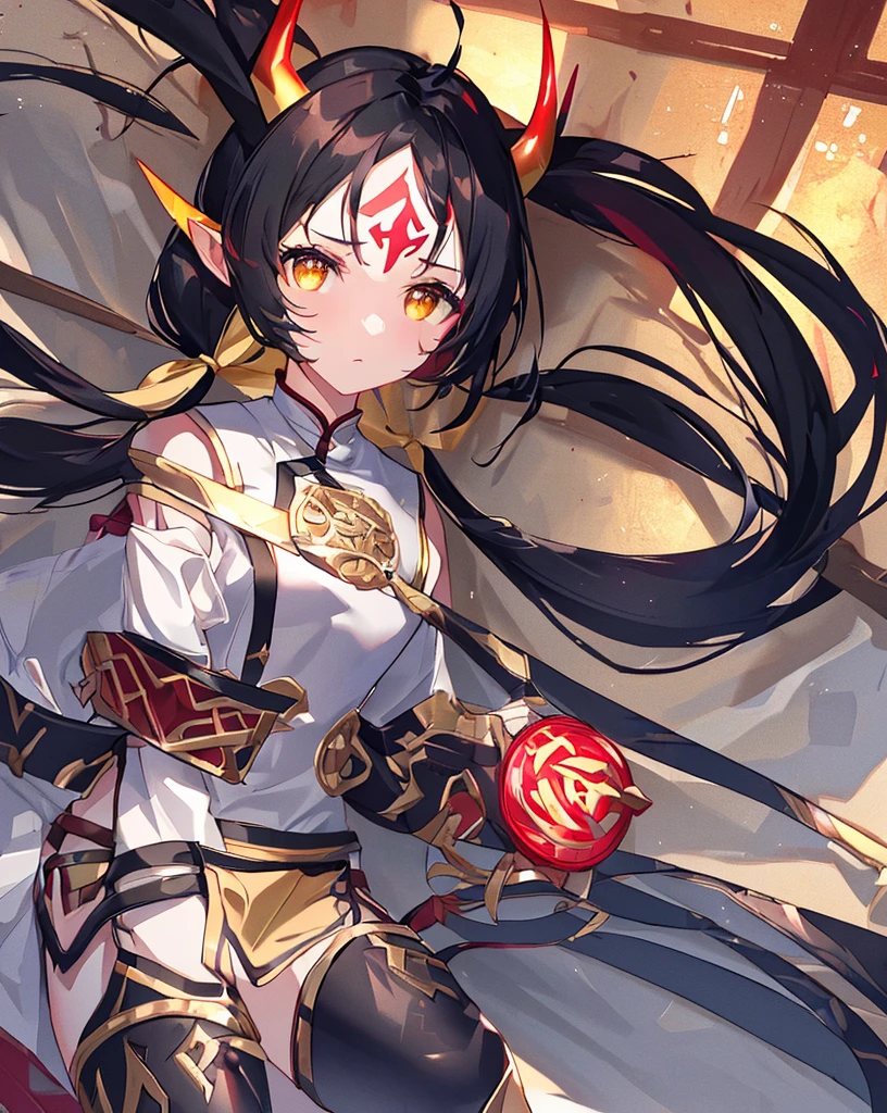 e7 ARavi, yellow eyes, red mark in forehead, black hair,  (low twintails coming from under the ears) with yellow ribbons, small breasts,  black small bull horns,  (long red chinese tabard), black sorts, nothing under the tabard, naked under tabard,
(masterpiece),  best quality, highres, 4k, 8k, Detailed Illustration, intricate detail, cinematic lighting, amazing quality, 1girl, fit female, amazing shading, soft lighting, facing camera, perfect eyes,