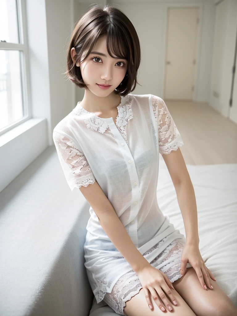 (Highest quality:1.9)、(High resolution)、Live-action image quality、((19 year old female university student、1 person))、Soft lighting by a professional photographer、Natural light、((Very spacious white luxurious room:1.6))、((Bright white room:1.6))、(Standing in front of a very luxurious white bed:1.2)、(White bookshelf background:1.1)、Natural soft light、((Black Hair Color:1.1))、Fair skin、Detailed Eyes、double eyelid、Slightly puffy cheeks、((Small Face:1.0))、((White lace short sleeve shirt、Please wear it with the chest open.:1.7))、((White checked skirt))、(Cute Smile)、((Girly pose 1.8))、((Straight medium-long hair:1.1))、((Full Body Shot:1.2))、((Height: 145cm))、Hands in front、Hold hands between legs、bangs、