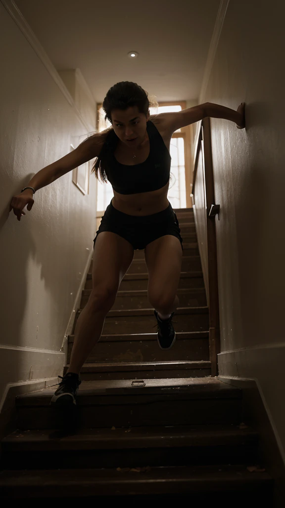 A person running desperately down a dark, steep staircase, with panic expression.