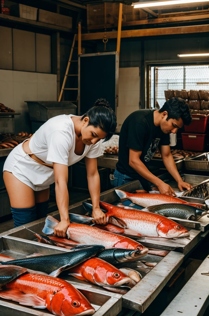 Some people working on the fish market 