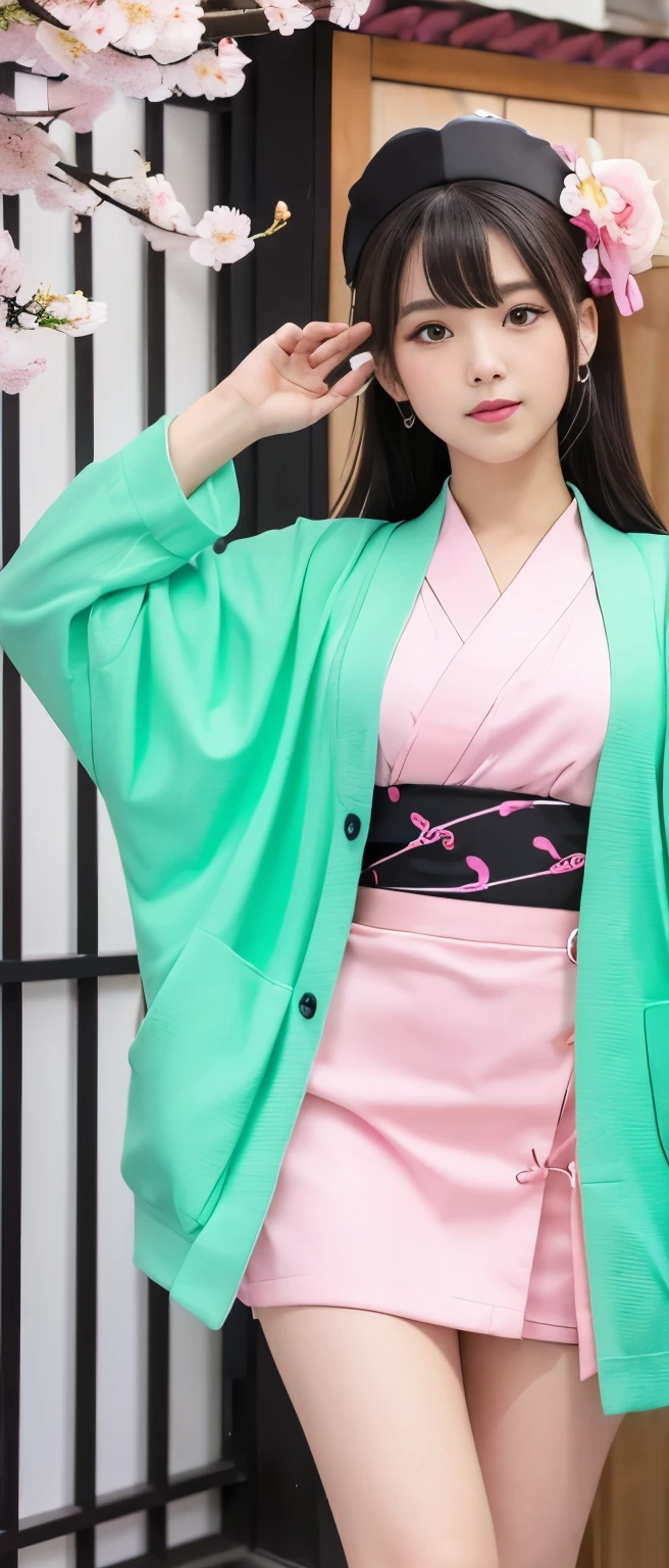 A cute and mysterious idol girl、whole body、Good style、、、、、、、、、、Thick legs、、Pink and fluorescent green cherry blossom pattern mini kimono、Neat and clean idol face、、