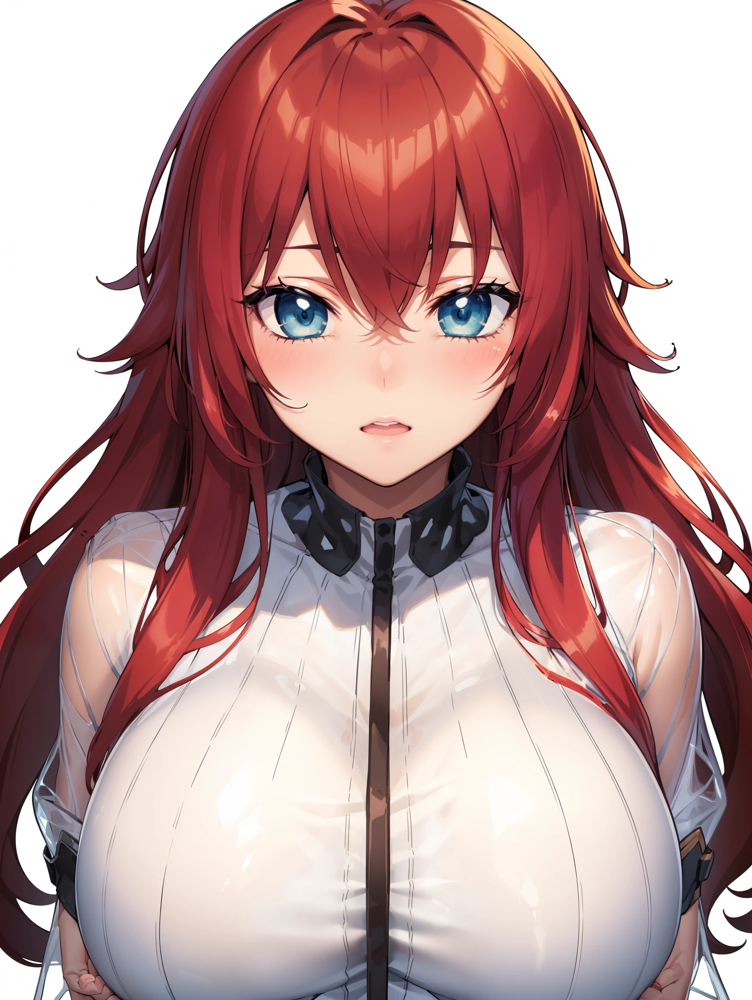 ANIME_DxD_Rias_Gremory_ownwaifu, 1girl, bangs, long hair, red hair, breasts, large breasts, rias gremory, blue eyes, hair between eyes, very long hair, collarbone, hair intakes, hair over breasts, 
BREAK ((transparent clothes: 1.8) pink shirt:1.2),
BREAK from above, large breasts, belt, blush, village, field, hands behind back
BREAK (masterpiece:1.2), best quality, high resolution, unity 8k wallpaper, (illustration:0.8), (beautiful detailed eyes:1.6), extremely detailed face, perfect lighting, extremely detailed CG, (perfect hands, perfect anatomy),