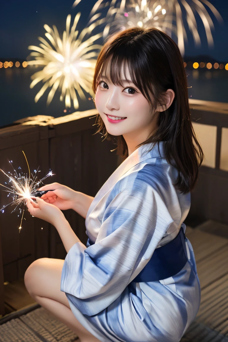 Highest quality, (beautiful)、yukata、night店、night、Fireworks、festival、Soft boobs、Sparkler、Squatting big 、Shoot from above