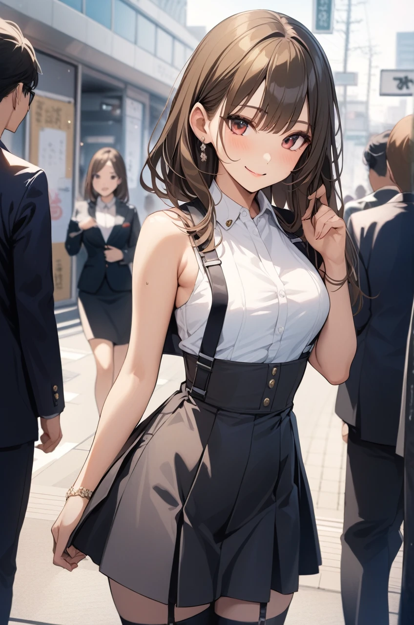 Beautiful sexy 1girl, blonde hair, (straight hair), bangs on one side, head tilt, (waist), plaid skirt, red bowtie, arms behind back, looking at viewer, happy smile, tokyo, outdoor, from above, 20 yo, (depth of field), masterpiece, best quality, wearing bikini, cleavalage:1.1, (illustlation)