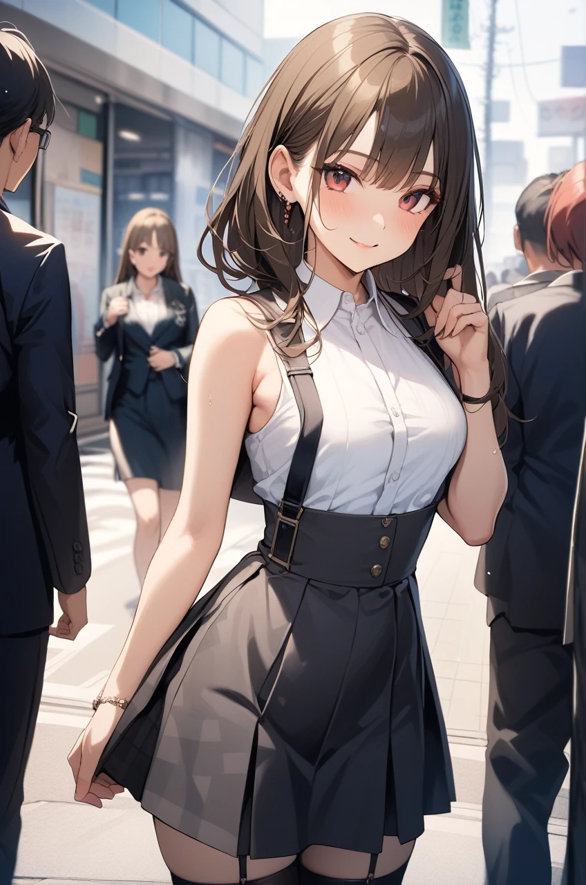 Beautiful sexy 1girl, blonde hair, (straight hair), bangs on one side, head tilt, (waist), plaid skirt, red bowtie, arms behind back, looking at viewer, happy smile, tokyo, outdoor, from above, 20 yo, (depth of field), masterpiece, best quality, wearing bikini, cleavalage:1.1, (illustlation)