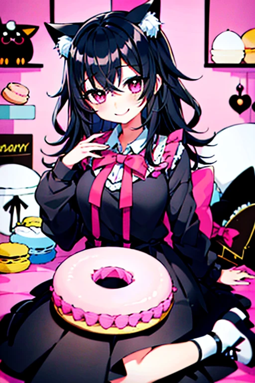 One girl,Black Hair,Cat ear,Long skirt,pink_eye,My Room,A very happy smile,Very happy and adorable expression,cake,Macaroons,donut,cookie,Black tea,cute,sweet,fluffy,Pinch,eat