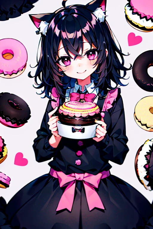 One girl,Black Hair,Cat ear,Long skirt,pink_eye,My Room,A very happy smile,Very happy and adorable expression,cake,Macaroons,donut,cookie,cute,sweet,fluffy,Pinch,eat