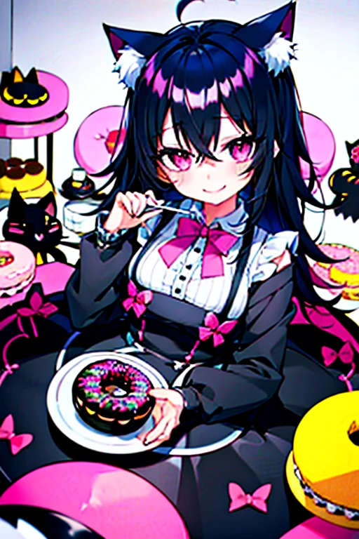 One girl,Black Hair,Cat ear,Long skirt,pink_eye,My Room,A very happy smile,Very happy and adorable expression,cake,Macaroons,donut,cookie,Black tea,cute,sweet,fluffy,Pinch,eat