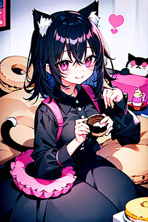 One girl,Black Hair,Cat ear,Long skirt,pink_eye,My Room,A very happy smile,Very happy and adorable expression,cake,Macaroons,donut,cookie,cute,sweet,fluffy,Pinch,eat