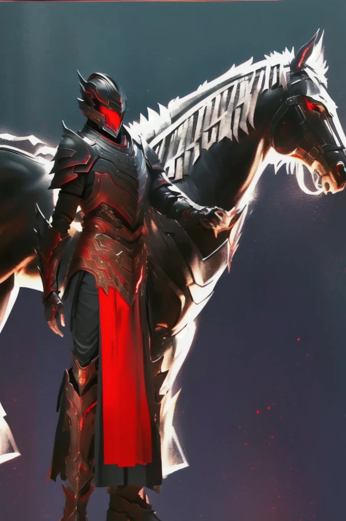 there is a drawing of a man standing next to a horse, draconic looking armor, black fire color reflected armor, black and reddish color armor, flowing robes and leather armor, silver armor and red clothing, face hidden by helmet armor