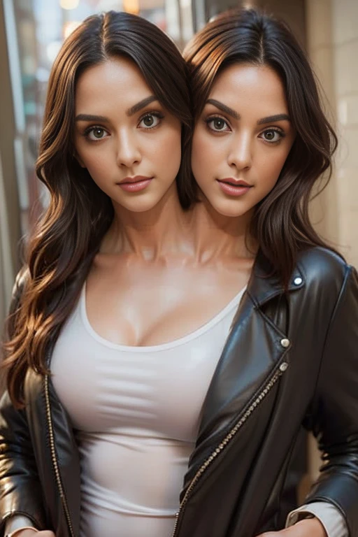 best resolution, 2 heads, two friends becoming conjoined, large neck space, stuck together , medium tied hair, winter jacket