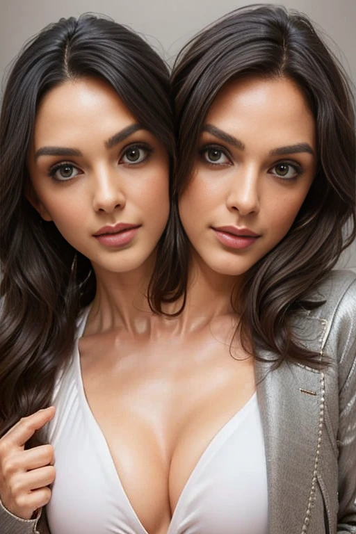 best resolution, 2 heads, two friends becoming conjoined, large neck space, stuck together , medium tied hair, winter jacket