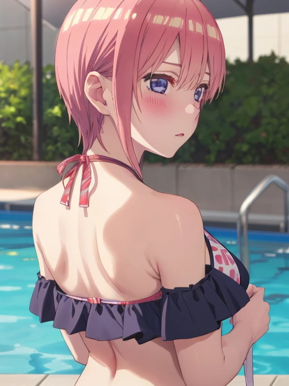 best quality, insanely detailed,ichika nakano, poolside background, breasts, blush, back style, Ruffle bikini, Cute, Cute bikini, nipple, look into the distance, nsfw