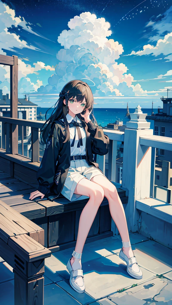 masterpiece, Exquisite detail,Highest quality, One girl, alone, handrail, cloud, Looking up at the buildings,Long Hair, NULL, Long sleeve, Power lines, White footwear, Black Hair, View your viewers, Electric pole, bangs, cloudy NULL, fish, bird, Green Eyes, Shorts, Day, Black Shirt, barefoot,Whale flying in the sky,Giant whale,night,star,milky way,night,Pitch black,Buildings,Sitting