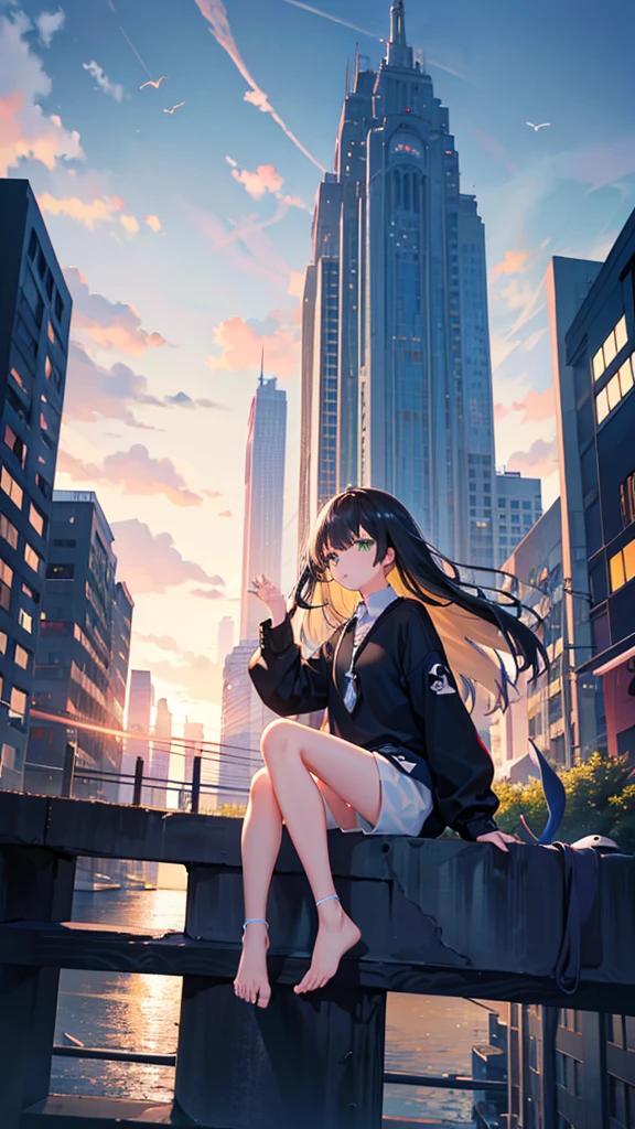 masterpiece, Exquisite detail,Highest quality, One girl, alone, handrail, cloud, Looking up at the buildings,Long Hair, NULL, Long sleeve, Power lines, White footwear, Black Hair, View your viewers, Electric pole, bangs, cloudy NULL, fish, bird, Green Eyes, Shorts, Day, Black Shirt, barefoot,Whale flying in the sky,Giant whale,night,star,milky way,night,Pitch black,Buildings,Sitting