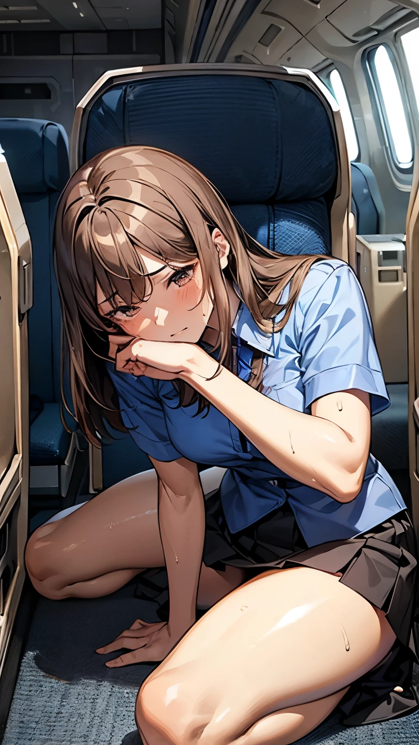 NSFW, (masterpiece, top quality, best quality, highly detailed:1.6), anatomically correct,(flight attendant:2.5),(inside an airplane:2), (standing:2.5),(leaning forward, hands between legs:2), (Touching crotch, holding crotch:3), (close knees, pee running down legs:2.5), (((clutching crotch))), (full body), wide shot, long shot, strong facial expression, (sharp eye:1.2), (scowl:1.1), (embarrassed,blush:1.3), (steam:2.9), (Wet:1.1), (sweat:1.1), (trembling:2.3), (open mouth, wavy mouth:1.4),(drooling:2.5), (open eyes:2.9), (tears:2.9), (bravery crying, sobbing:1.5), (empty eyes, dead eyes:2.2),(shoot from front:1.2), colorful, ((indoor)), (Ponytail, very long hair, Dark brown hair, Extra long hair:1.9), (glasses:0.3), (woman trembling with sexual climax), urination, piss, peeing self, A lot of pee, large breasts, (((pee stream))), (pee puddle), pee stain, peeing, blush, embarrassed, Are crying, Yellow pee, ((leaking pee)), Shaking one's shoulders, Breaking a sweat on forehead, Wetting self, puddle of pee, Pee at your feet, Pee spread on the floor, Pee stains, Dripping pee between my legs, Feet Wet from pee, Pee-covered feet, Pee at your feet, want to pee, about to pee, Full bladder, Pee-soaked shoes, Pee-soaked ankle socks, The limit of holding in pee, A big pee, Pleasant pee, a big puddle of urine at my feet, Non-stop peeing, Unstoppable peeing, panty Wet with pee, can't make it to the toilet in time and I pee, A pleasant feeling of urination after holding it in to the limit, Pee-soaked thighs,Pee-soaked hands, natural makeup,