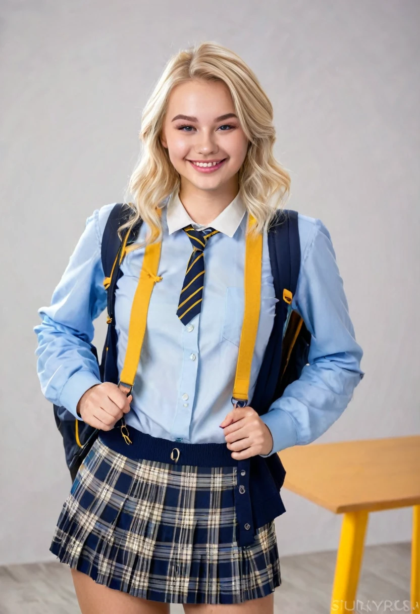 Realistic blonde girl student outfit smirk posing 