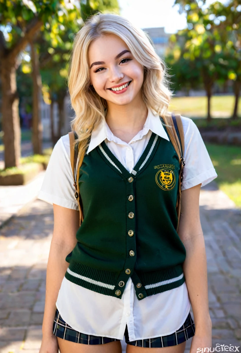 Realistic blonde girl student outfit smirk posing 